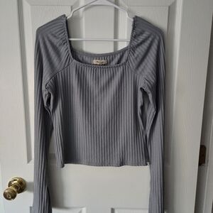 Blue Grey Ribbed Long Sleeve Top
